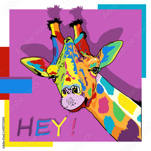 Giraffe. Graphic drawing with a welcome inscription in the style of pop art. Vector, isolated illustration.
