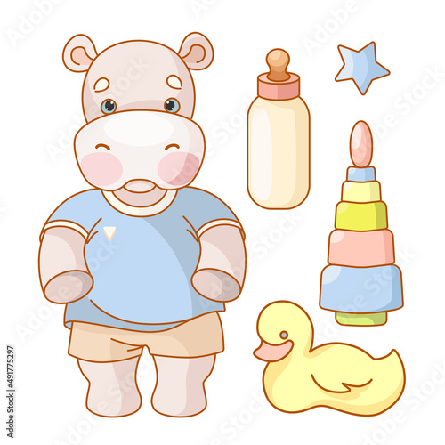 Baby hippopotamus with a pyramid, a duckling, a bottle with a pacifier in a boho style. Set of elements in a flat style. Baby vector illustration.
