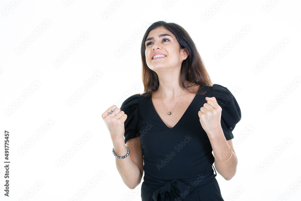woman enjoy hands clenched fist closed happy with joy with raised hands woman enjoy hands clenched fist closed happy with joy with raised hands