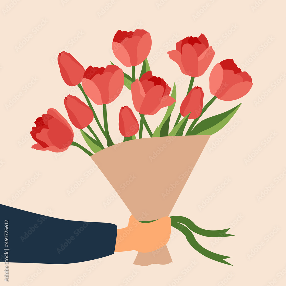 Fototapeta Bouquet of tulips in hand. Postcard, banner, concept. Festive vector illustration