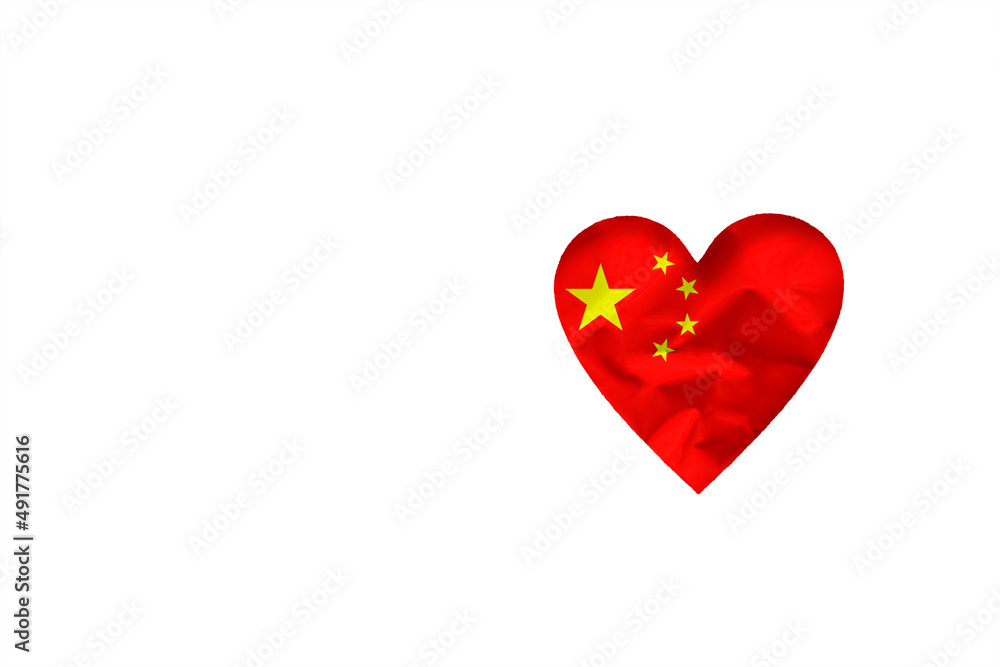 Flag of China in the shape of a heart on a white background. Horizontal background, white background, copy space