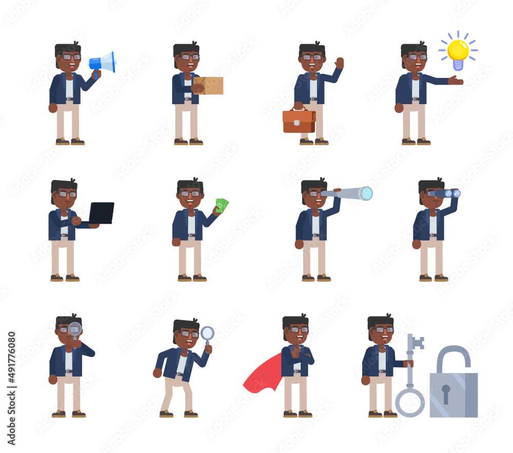 Set of businessman characters in various situations. Man holding loudspeaker, package box, spyglass, magnifier, money and other actions. Modern vector illustration