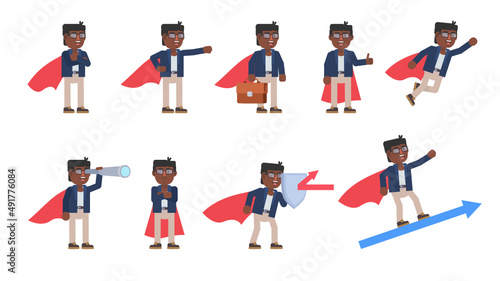 Set of businessman characters with super hero cloak in various situations. Modern vector illustration