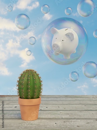 cactus with a piggy bank floating in a soap bubble 3D-illustration