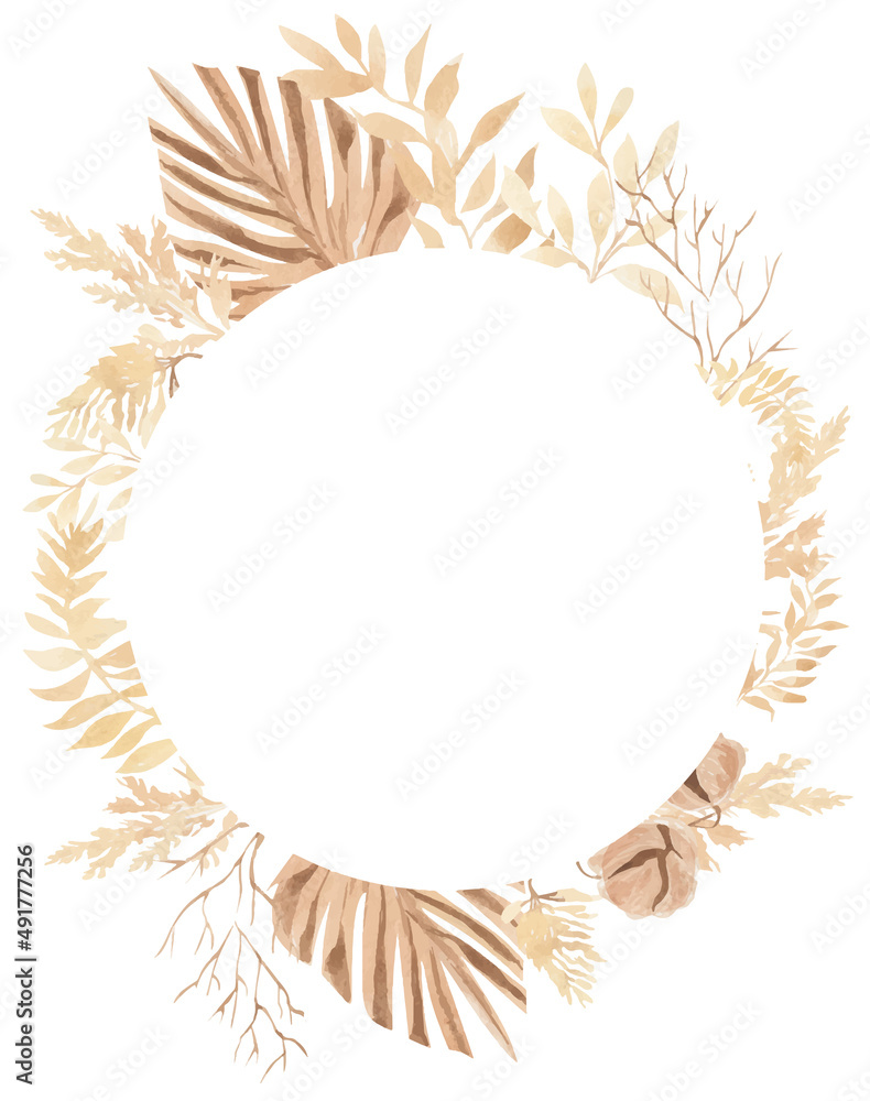 Round frame of watercolor dry leaves in boho style Round frame of watercolor dry leaves in boho style