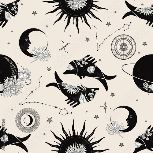 Sun, crescent, planets and flowers. The zodiac constellation Pisces. Seamless pattern.