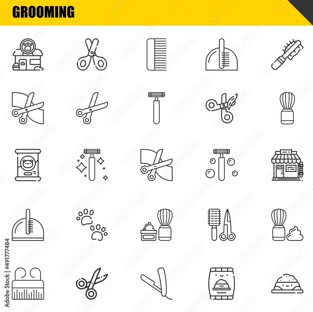 grooming vector line icons set. pet shop, comb and cat food Icons. Thin line design. Modern outline graphic elements, simple stroke symbols stock illustration grooming vector line icons set. pet shop, comb and cat food Icons. Thin line design. Modern outline graphic elements, simple stroke symbols stock illustration