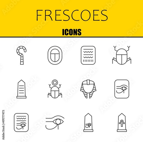 frescoes vector line icons set. egypt, egypt and egypt Icons. Thin line design. Modern outline graphic elements, simple stroke symbols stock illustration