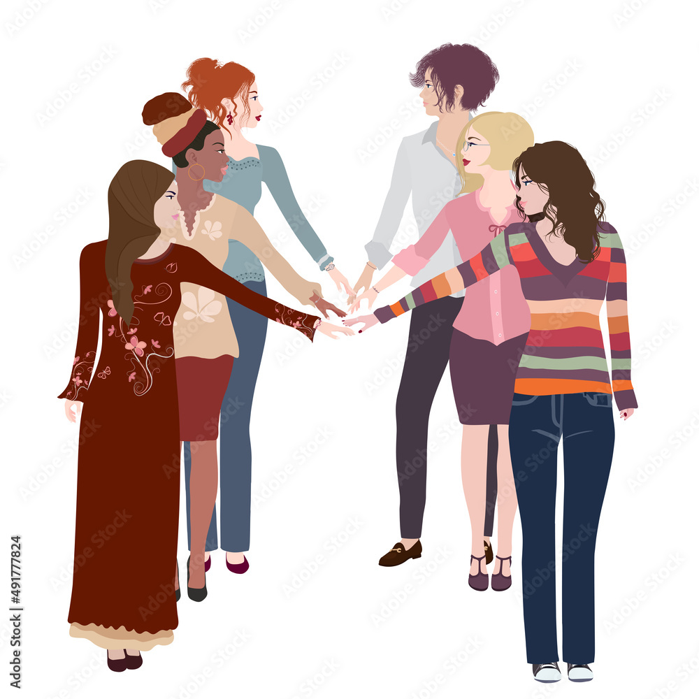 Fototapeta premium Empowerment. Isolated group multicultural women with outstretched arm and hand as a sign of self-confidence and self-awareness. Female social network community. Racial equality. Allyship