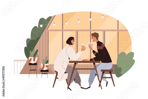 Love couple exchange gifts at cafe table outdoor. Happy man and woman with holiday presents on date. Lovers, valentines in romantic relationships. Flat vector illustration isolated on white background