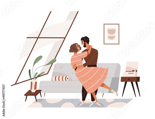 Love couple dancing and hugging at home. Happy man and woman on date in living room. Lovers in romantic relationships. Wife and husband indoors. Flat vector illustration isolated on white background