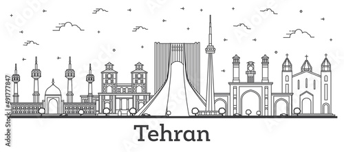 Outline Tehran Iran City Skyline with Modern and Historic Buildings Isolated on White.