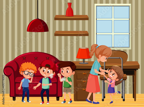Workroom scene with family members