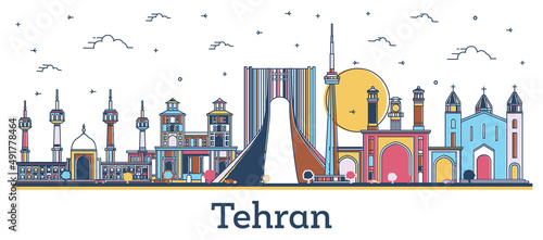 Outline Tehran Iran City Skyline with Colored Historic Buildings Isolated on White.