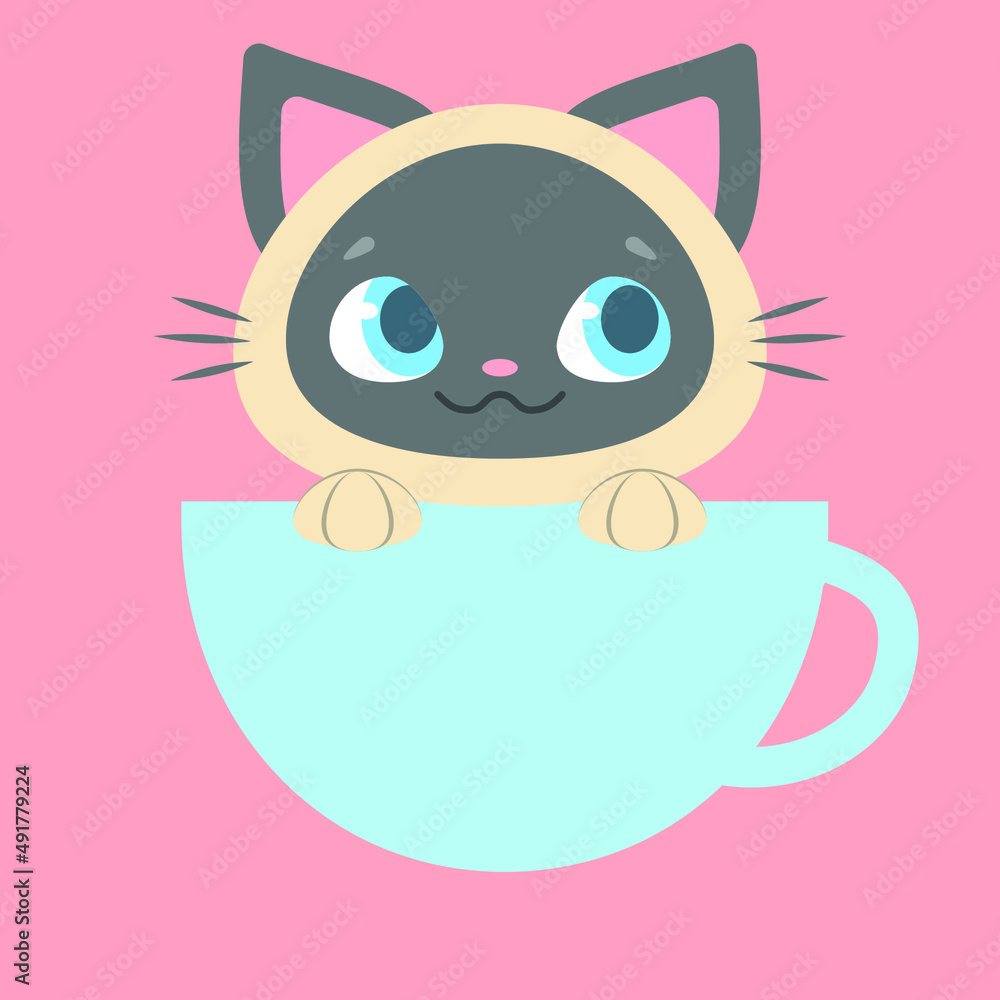Siamese cat sits in a cup. vector illustration, eps 10.