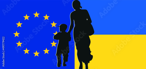 Cut out Silhouette of a mother with child, refugees fleeing the war. Flag of european union and ukrainian flag. Refugees welcome concept. Ukraine and Russia military conflict, Solidarity with Ukraine