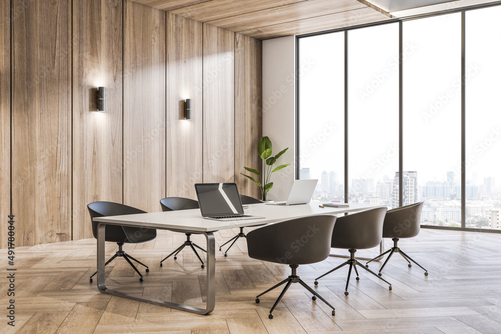 Clean wooden conference room interior with furniture and window with window and city view. Design and workplace concept. 3D Rendering. Clean wooden conference room interior with furniture and window with window and city view. Design and workplace concept. 3D Rendering.