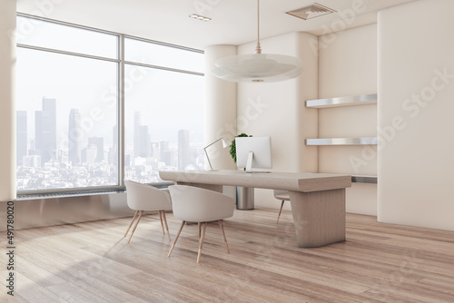 Luxury concrete office interior with wooden flooring  designer workplace with laptop and window with city view. 3D Rendering.