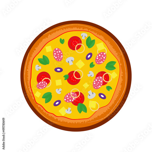 Cartoon pizza with cheese, tomato, onion, salami and mushroom. Italian fast food isolated on white background. Element of menu, bar, cafe, restaurant, logo, icon. Flat vector illustration 