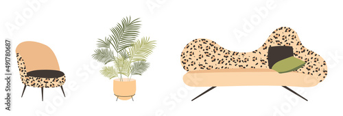 A set of fashionable upholstered furniture. Flat vector isolated illustration of armchair and sofa for interior