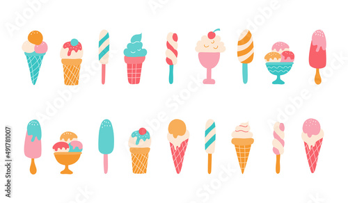 Set of different ice cream. Flat cute vector illustrations, bright summer colors