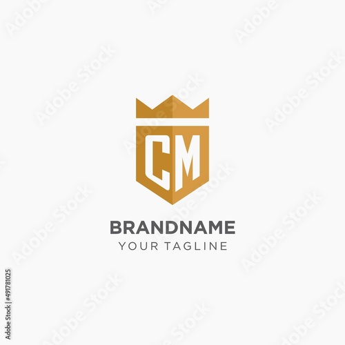 Monogram CM logo with geometric shield and crown, luxury elegant initial logo design