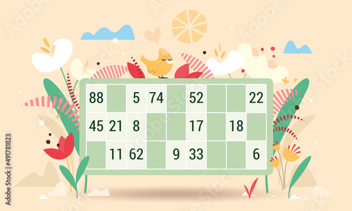 Carton de jeu loto tombola loterie,organisation de fête kermesse,cadeaux à gagner,printemps été,fleurs et oiseau colorés, joli original, jeu de hasard,club de loisirs,activité personne âgée et enfant