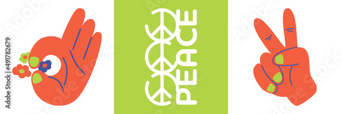 Set of flat isolated vector hand images. Fingers victory sign and hand sign ok. Peace symbol on green background