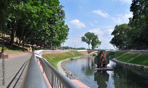 Swan pond on the territory of the palace and park ensemble of the city of Gomel in the Republic of Belarus