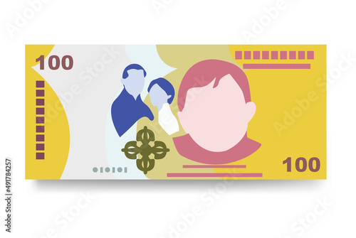 Bhutanese Ngultrum Vector Illustration. Bhutan money set bundle banknotes. Paper money 100 BTN. Flat style. Isolated on white background. Simple minimal design.
