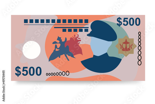 Brunei Dollar Vector Illustration. Brunei money set bundle banknotes. Paper money 500 BND. Flat style. Isolated on white background. Simple minimal design. photo
