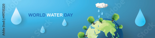 world water day on 22 march vector illustation blue background and ecological concept green natural plant save the world paper art for poster page 