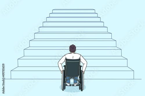 The problem of people with disabilities. An obstacle in front of a man in a wheelchair.