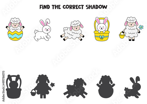 Find the correct shadows of cute Easter bunnies and lambs. Logical puzzle for kids.