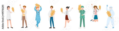 Nursing male or female doctor or scientist combination, medical specialist with wheat or rice, doctor team concept