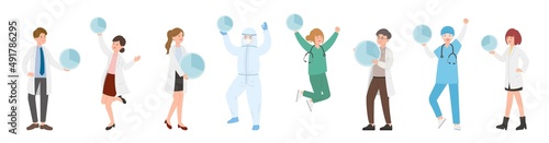 Paramedic male or female doctor or scientist combination, medical specialist with pie chart or statistic chart or infographic, doctor team concept