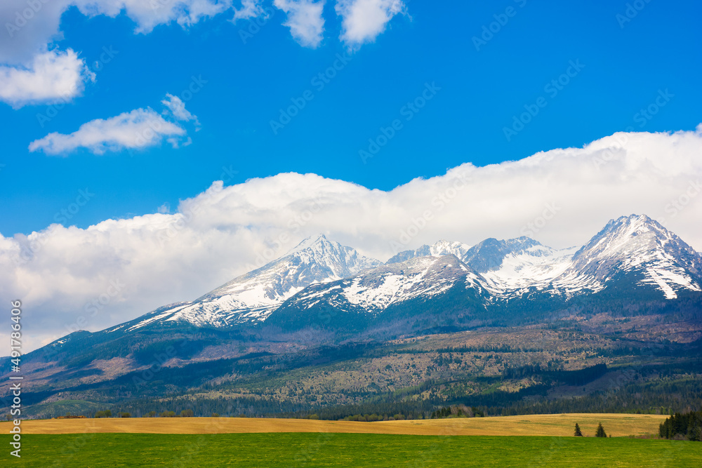 slovakia countryside landscape in spring. gorgeous High Tatra mountain ridge with snow capped peaks in the distance. grassy rural fields on a sunny day with clouds on a blue sky