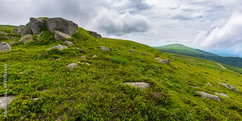 beautiful landscape with green hills. huge boulders, stones and rocks on the grassy mountain slope. cloudy summer weather. scenic outdoor environment
