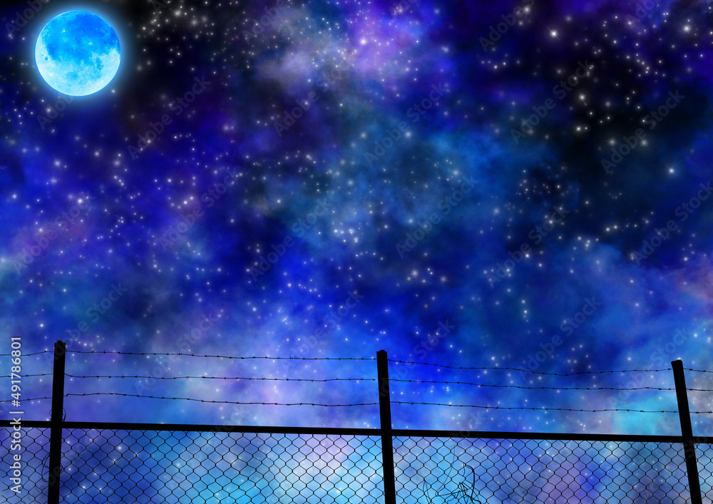 幻想的な星空とフェンスと満月のイラスト Stock Illustration Adobe Stock