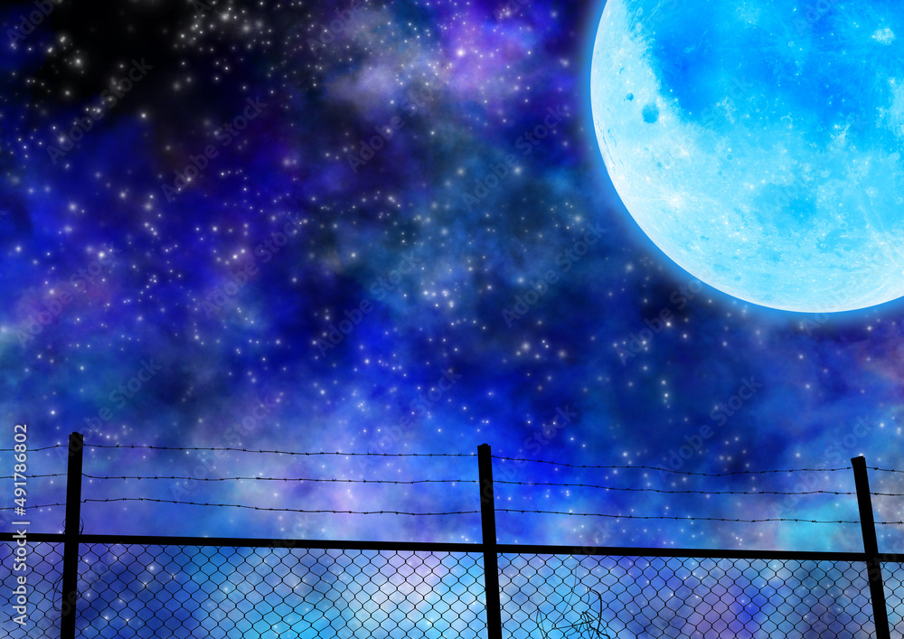 幻想的な星空とフェンスと大きい満月のイラスト Stock イラスト Adobe Stock