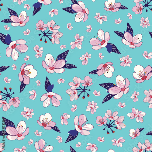Cherry blossom seamless pattern on turquoise background