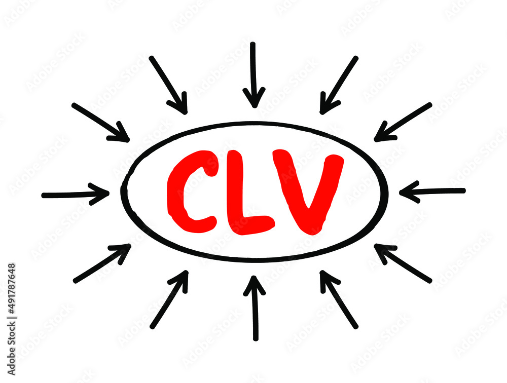 CLV Customer Lifetime Value - prognostication of the net profit contributed to the whole future relationship with a customer, text concept with arrows CLV Customer Lifetime Value - prognostication of the net profit contributed to the whole future relationship with a customer, text concept with arrows