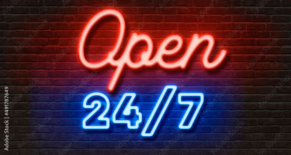 Neon sign on a brick wall - Open 24 7