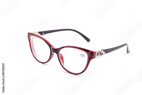 Glasses for women. it is possible for vision. made of glass. beautiful shape. on an isolated white background. metal. Fashionable uniform. Women's accessory.