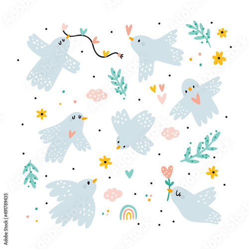 Photography Cute peace white doves with flowers, leaves, olive branch, hearts isolated on white background