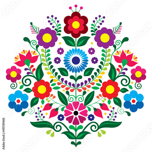 Mexican traditional floral embroidery style vector design composition with flowers, vibrant pattern inspired by folk art from Mexico
 