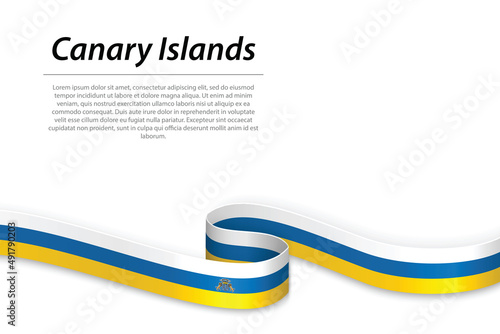 Waving ribbon or banner with flag of Canary Islands