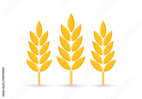Wheat 3d icon. Grain, barley, cereal plant sign. Agriculture symbol. Vector illustration.