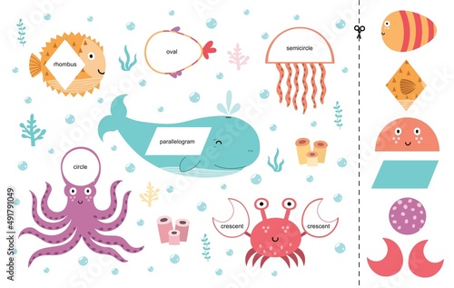 Matching game for kids with sea animals. Learning geometric shapes activity page for preschool. Cut and paste worksheet for children. Vector illustration  photo