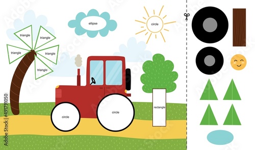 Matching game for kids. Learning geometric shapes activity page for preschool. Cut and paste worksheet for children. Vector illustration 